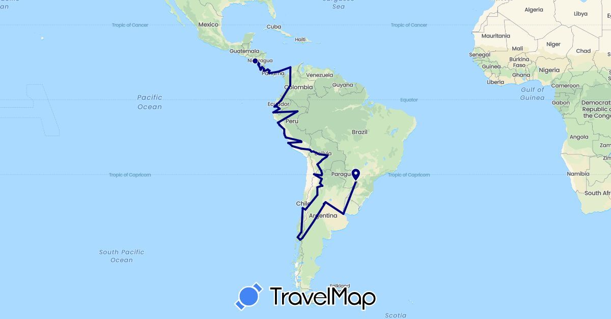 TravelMap itinerary: driving in Argentina, Bolivia, Chile, Colombia, Costa Rica, Ecuador, Nicaragua, Panama, Peru (North America, South America)